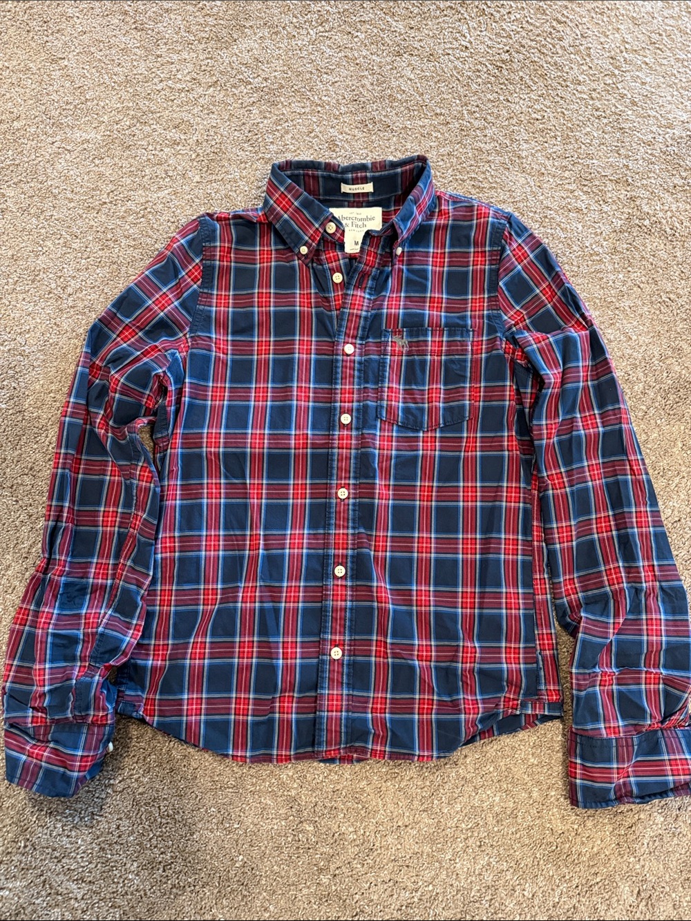 Abercrombie & Fitch Red and Navy Plaid Button-Down Shirt